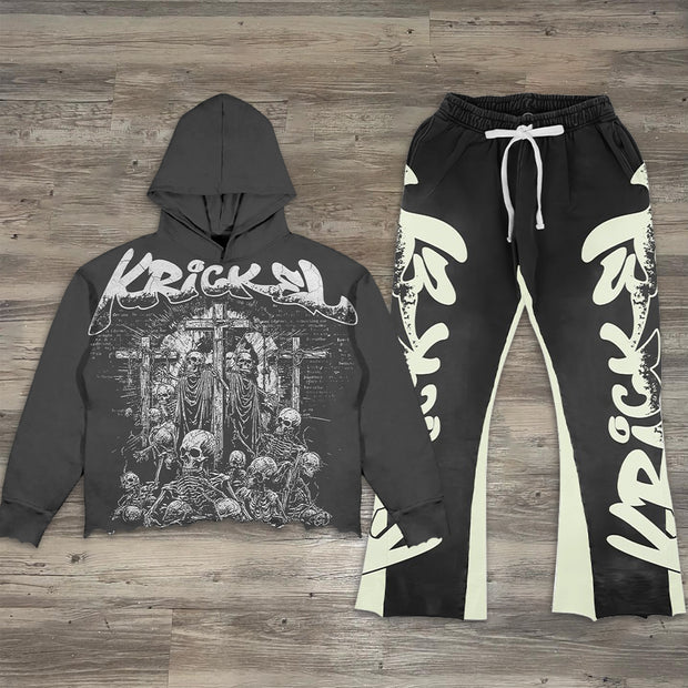 Cross skull casual street patchwork trousers and hoodie two-piece suit