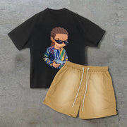 Hip Hop Character Print Short Sleeve Shorts Set