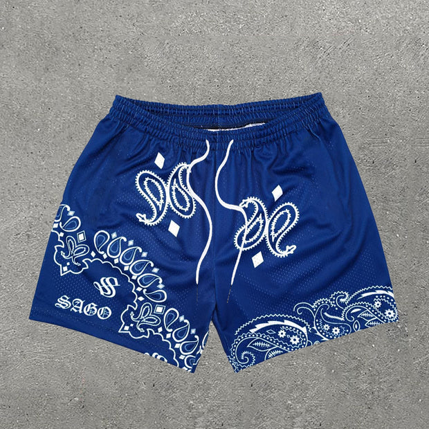 Casual Paisley Letters Print Mesh Shorts