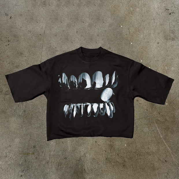 Teeth Printed Three-quarter Sleeve T-shirt