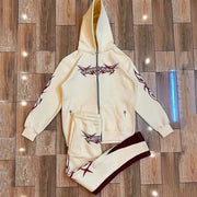 Casual street retro sports zipper hoodie two-piece set
