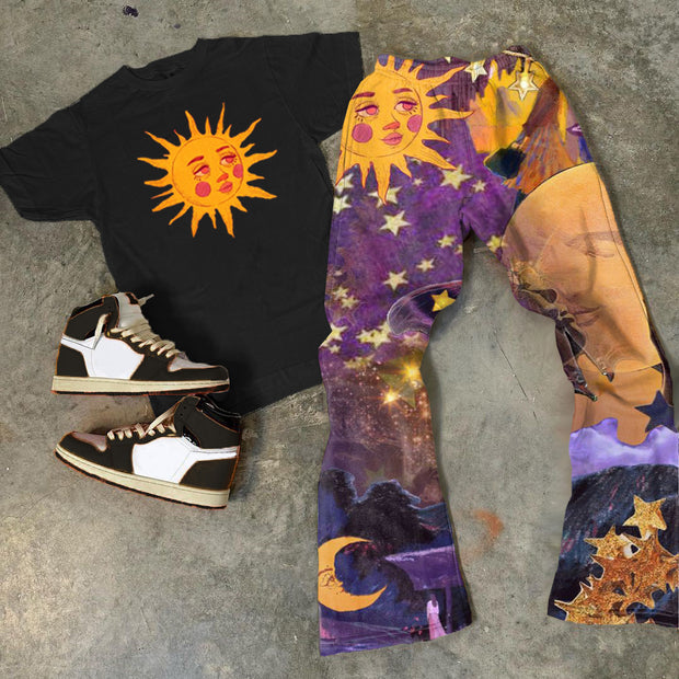 Sun Print T-Shirt Trousers Two-Piece Set