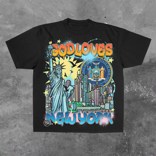 God Loves New York Print T-shirt