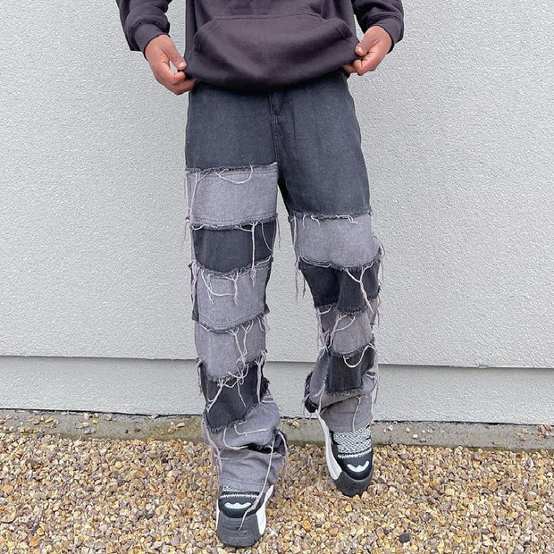 Spliced trendy brand tassel wide-leg hip-hop jeans