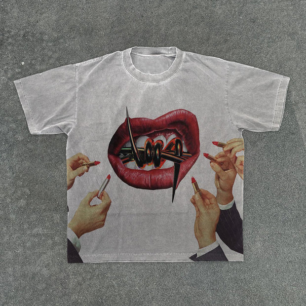 Flame Red Lips Casual Street Cotton Washed T-Shirt