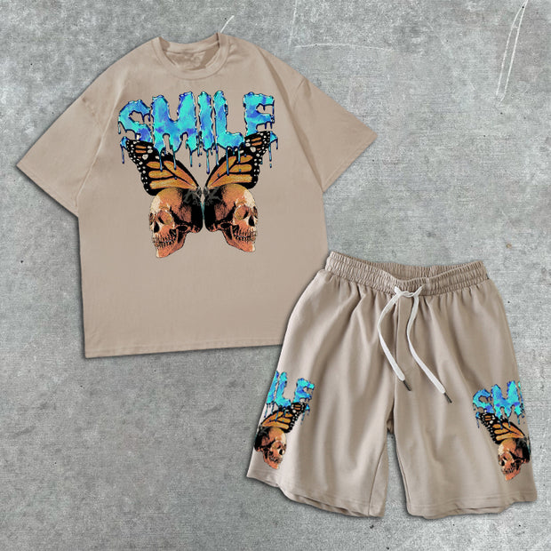 Butterfly Print Short Sleeve Shorts Set