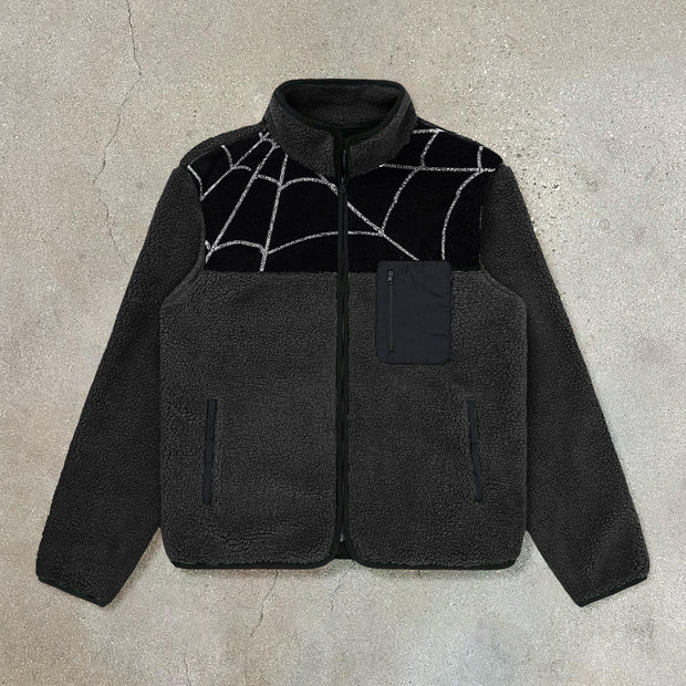 Trendy brand spider web print polar fleece jacket