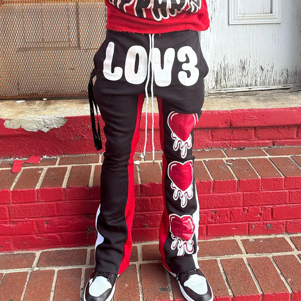 Love Heart Contrast Color Print Pocket Flared Trousers