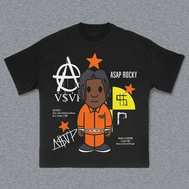 Rapper Cartoon Image Print T-Shirt