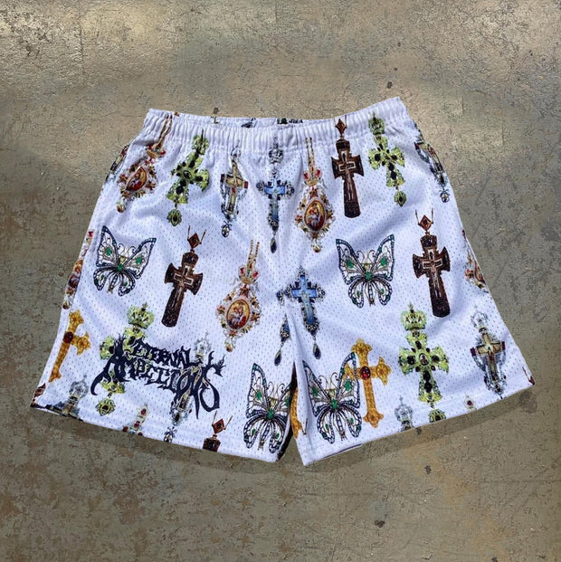 Cross Butterfly Print Mesh Drawstring Shorts