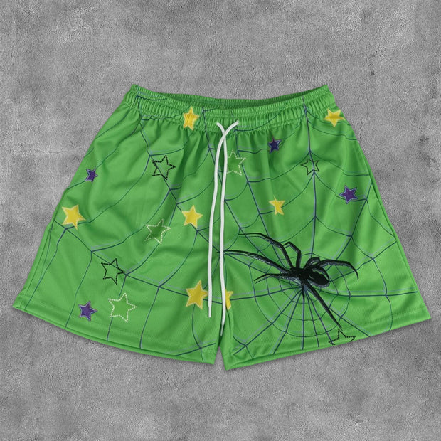 Spider Star Print Mesh Pocket Shorts
