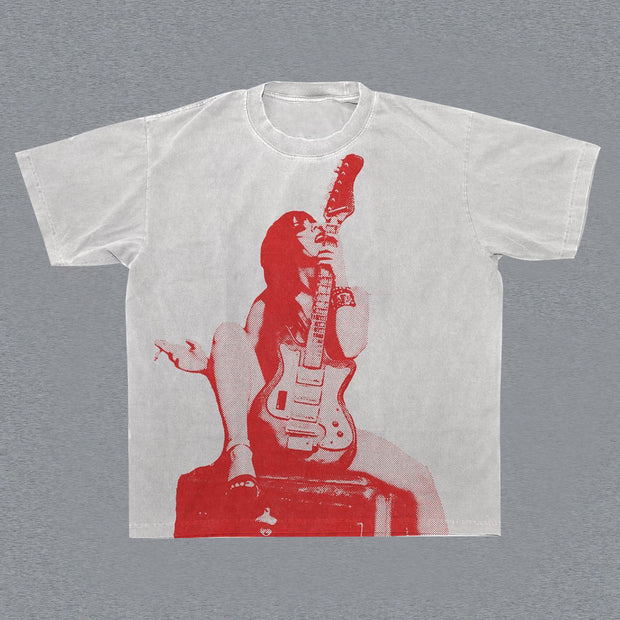 retro street style print guitar t-shirt