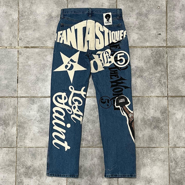 Casual street patchwork printed denim trousers