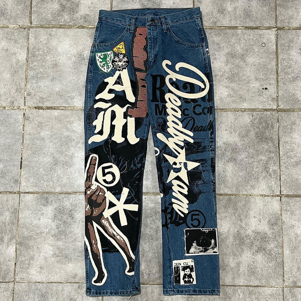 Casual street patchwork printed denim trousers
