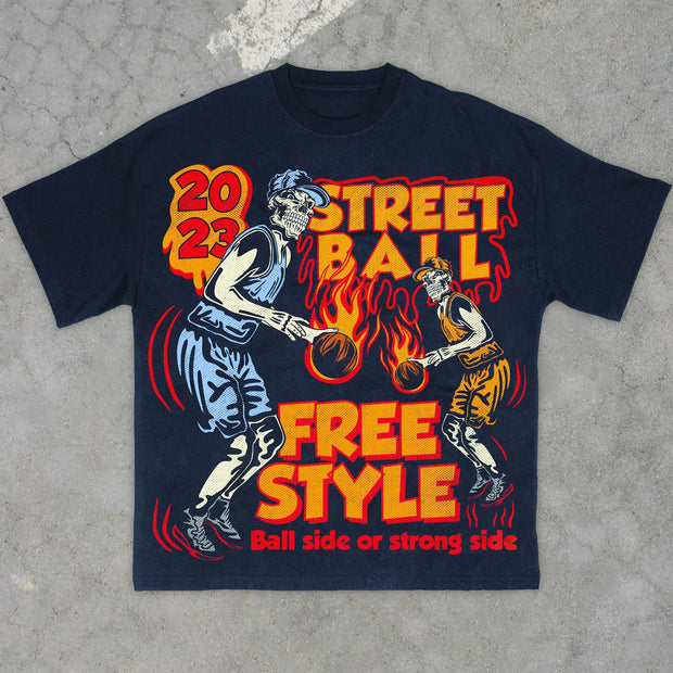 Retro street fashion brand basketball pattern T-shirt