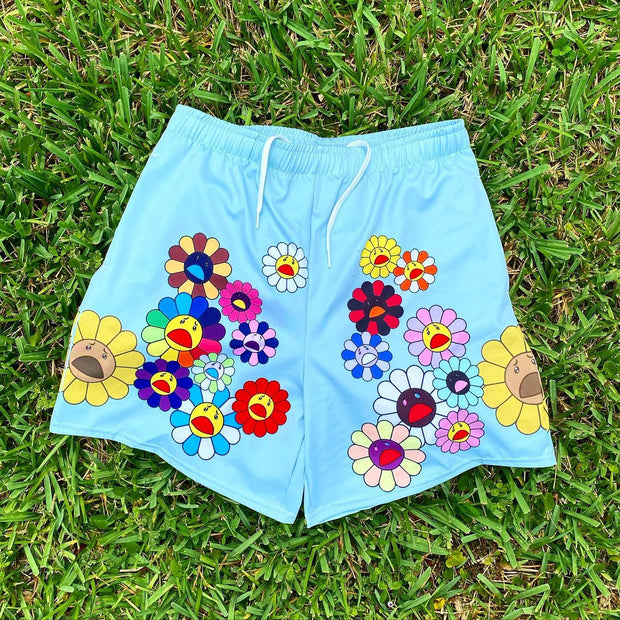 Fashionable Smiling Sunflower Print Shorts