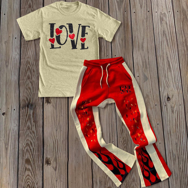 Fashionable and personalized love print short-sleeved trousers two-piece set