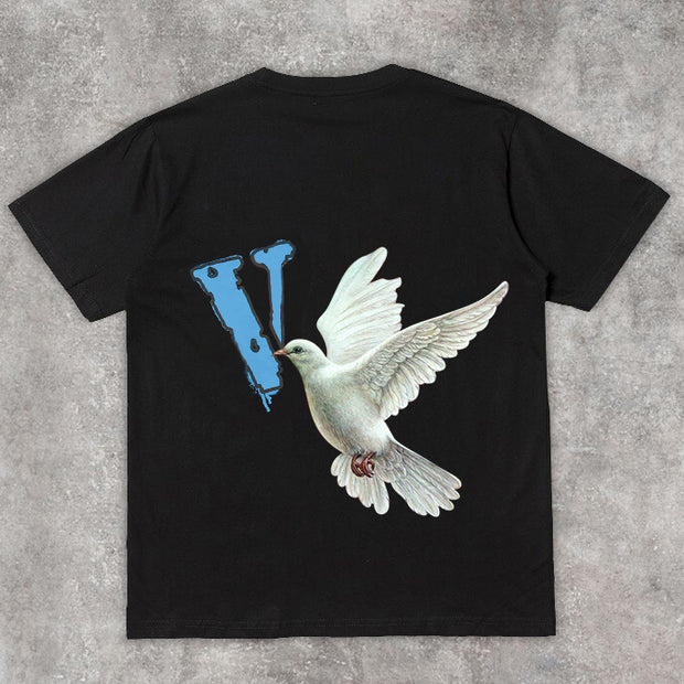 Trendy street print pigeon short-sleeved T-shirt