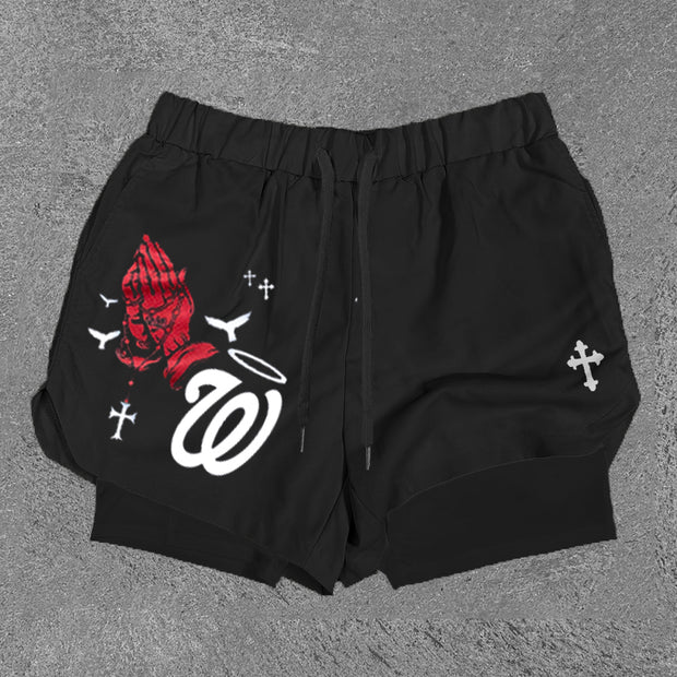 Praying Hands & W Print Double Layer Shorts