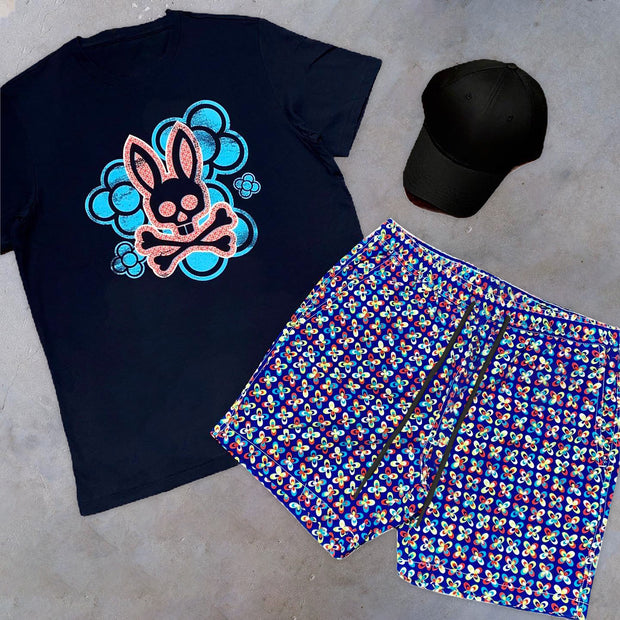 Casual Preppy Rabbit Print Short Sleeve T-Shirt Shorts Two-Piece Set