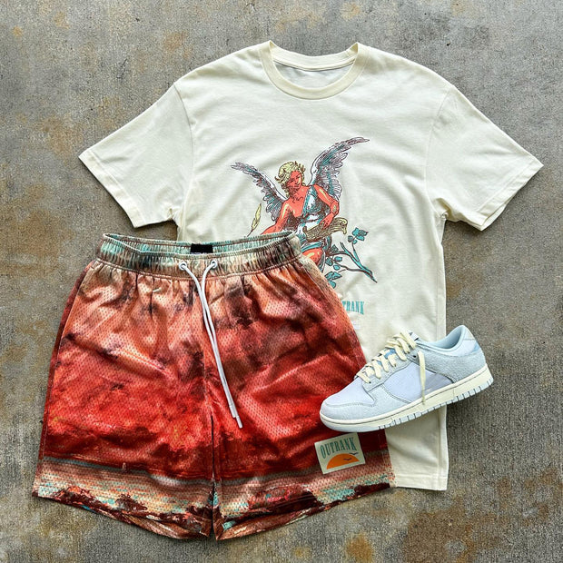 Fashionable retro angel print T-shirt shorts two-piece set