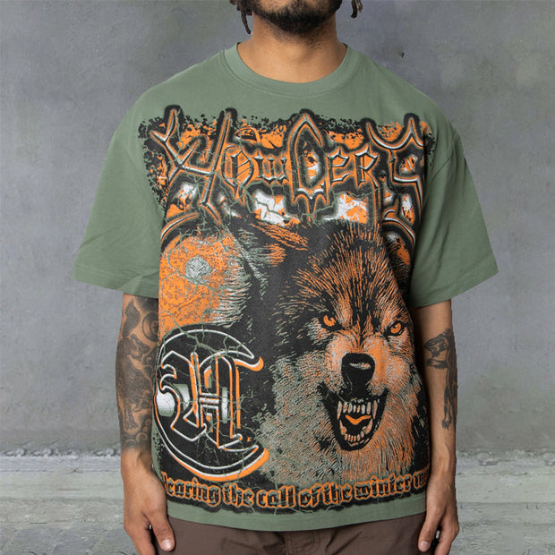Gray Wolf Print Casual Street T-Shirt