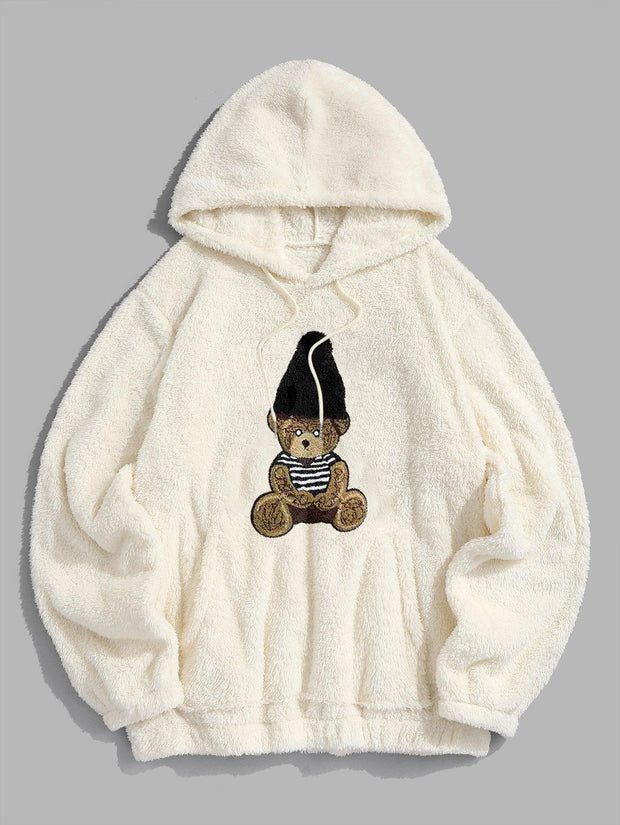 Casual Preppy Bear Pattern Plush Pullover Hoodie Set