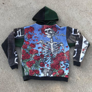 Fashion personality rose skull color block retro hoodie