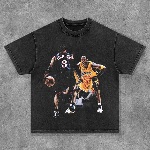 Kobe Vs Allen Iverson Print Washed Short Sleeve T-Shirt