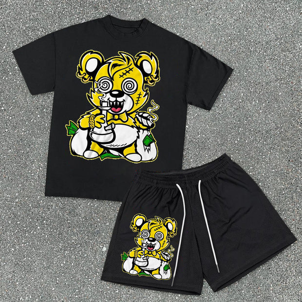 Personality Bear Hip Hop T-Shirt Mesh Shorts Set