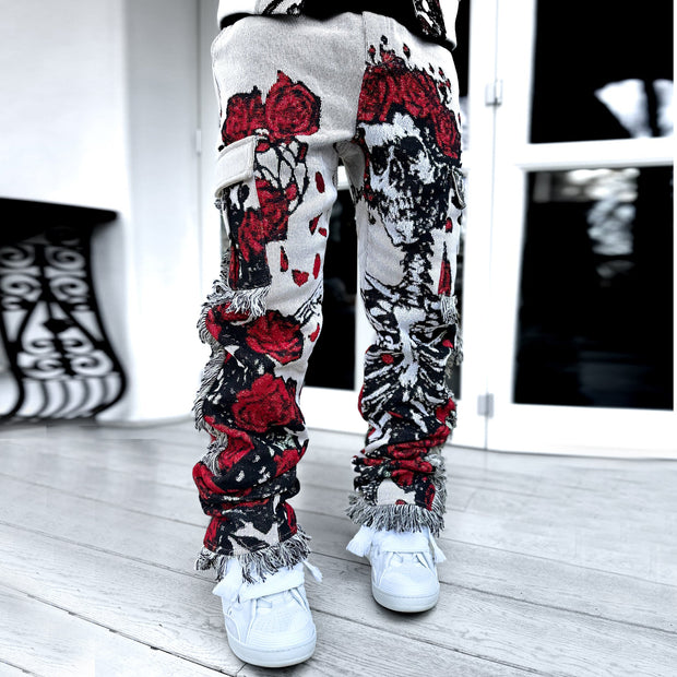 Personalized retro rose skull pattern trousers