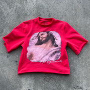 Jesus Print Elbow Length T-Shirt