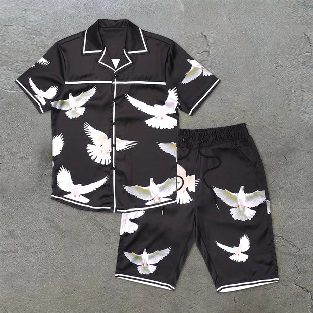 Tide brand fashion art print casual short-sleeved pigeon suit