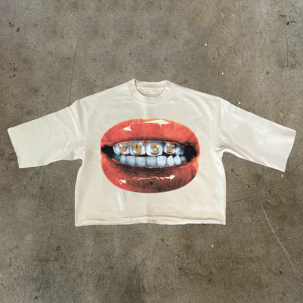 Mouth Teeth Printed Three-quarter Sleeve T-shirt