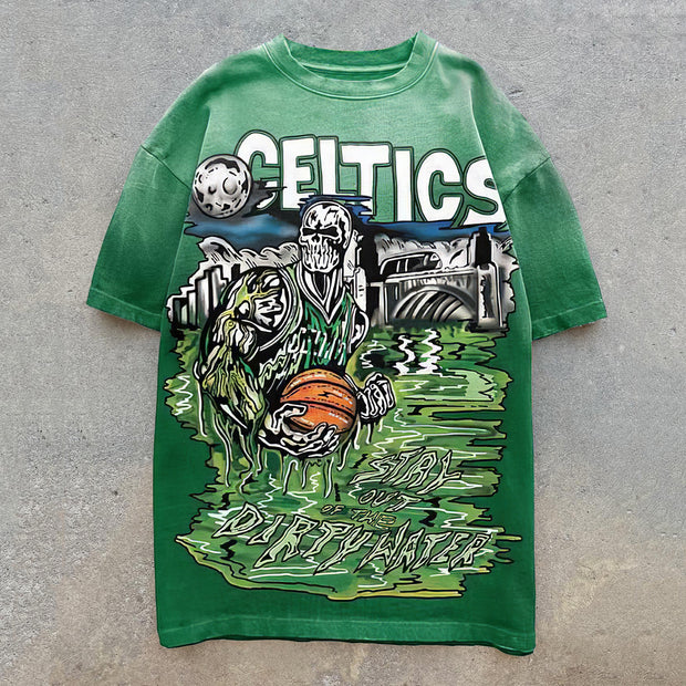 Fashion Basketball & Skull Print Short Sleeve T-Shirt