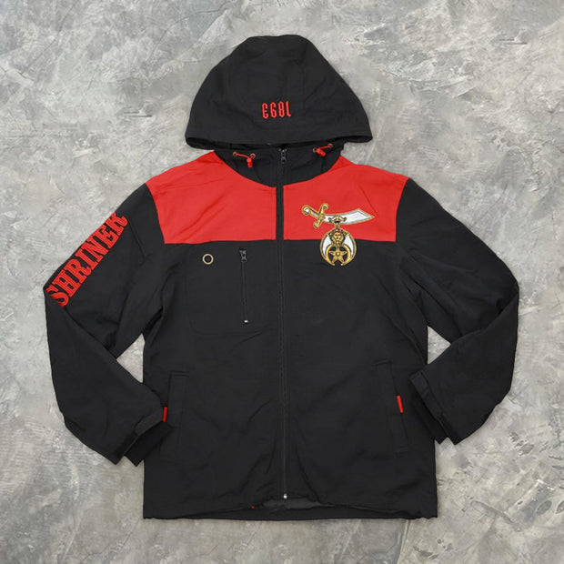 College red and black contrast hooded windbreaker jacket