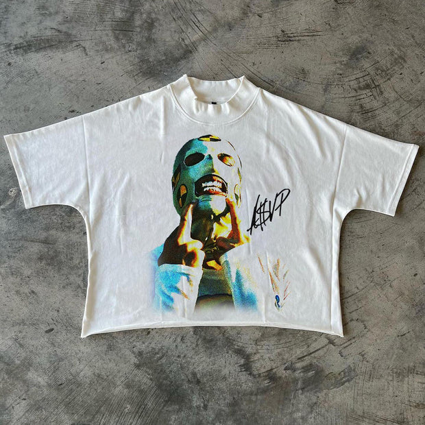 Masked man print casual street T-shirt