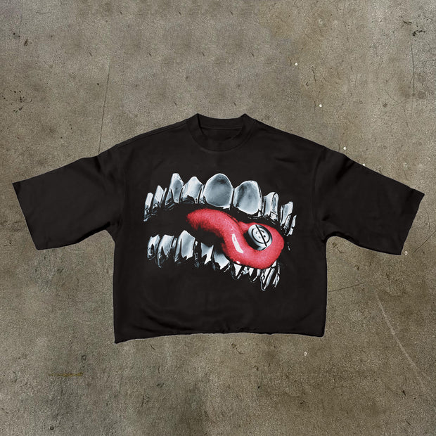 Teeth Mouth Printed Three-quarter Sleeve T-shirt