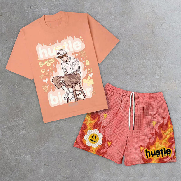 Flame Smiley Print Casual Street Two-Piece Set