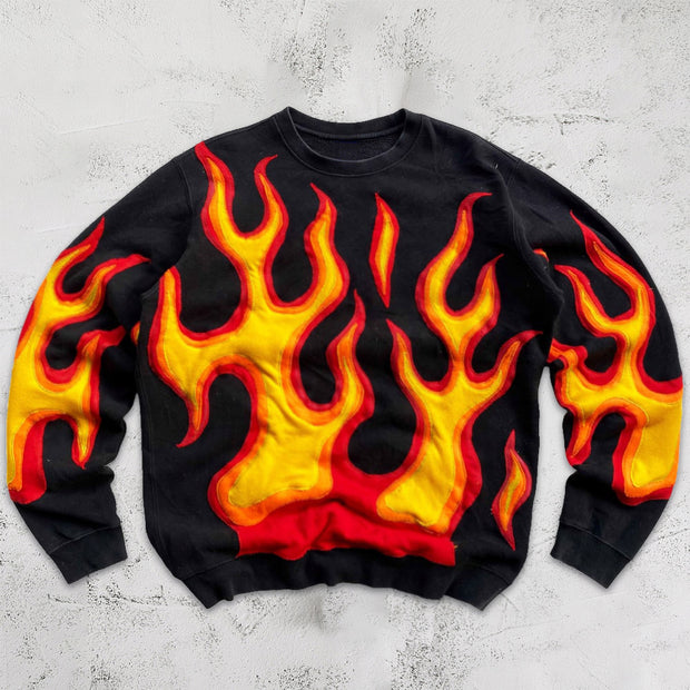 Flame trendy print retro crew neck sweatshirt
