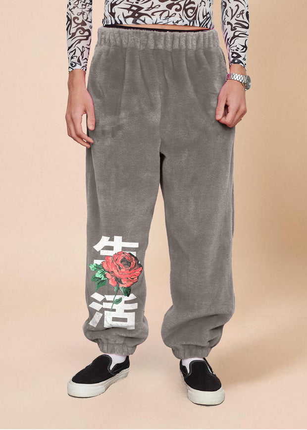 Vintage Print Casual Plush Bungee Trousers