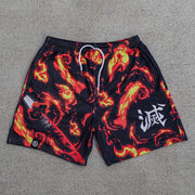 flame anime print mesh shorts