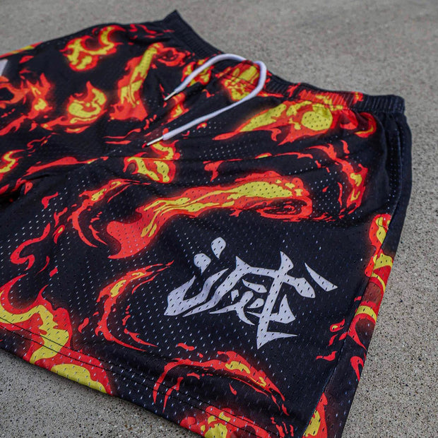flame anime print mesh shorts