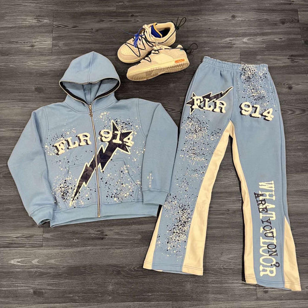 Jumping star print casual street patchwork trousers hoodie pure cotton two-piece suit