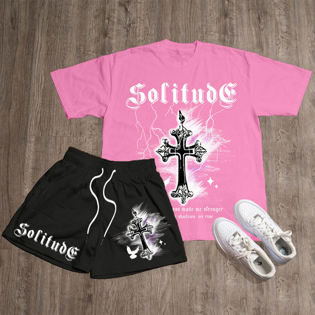 Solitude Print T-Shirt Mesh Shorts Two-Piece Set