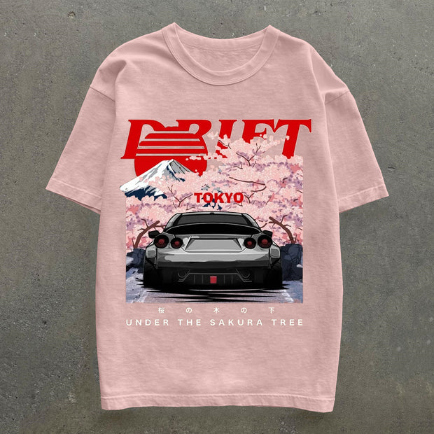 Car & Sakura Print Short Sleeve T-Shirt