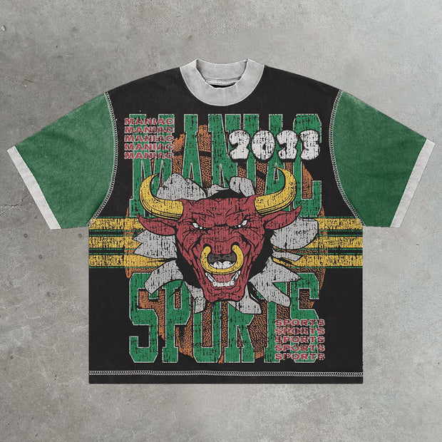 Raging Bull casual street patchwork T-shirt