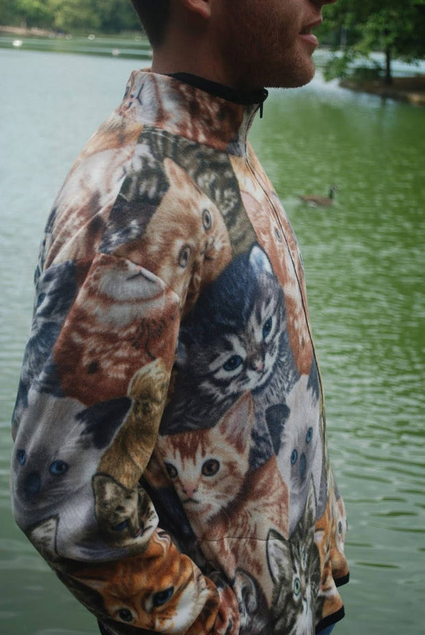 Fashionable retro cat print plush warm jacket