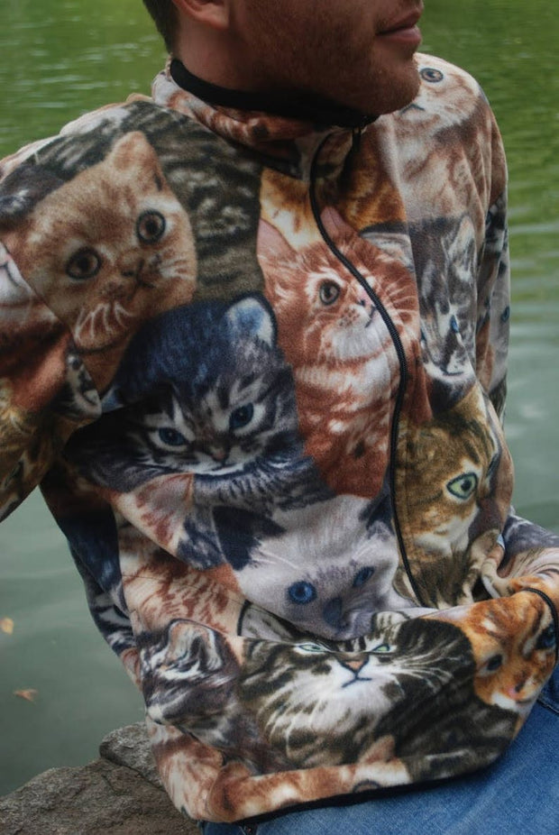 Fashionable retro cat print plush warm jacket