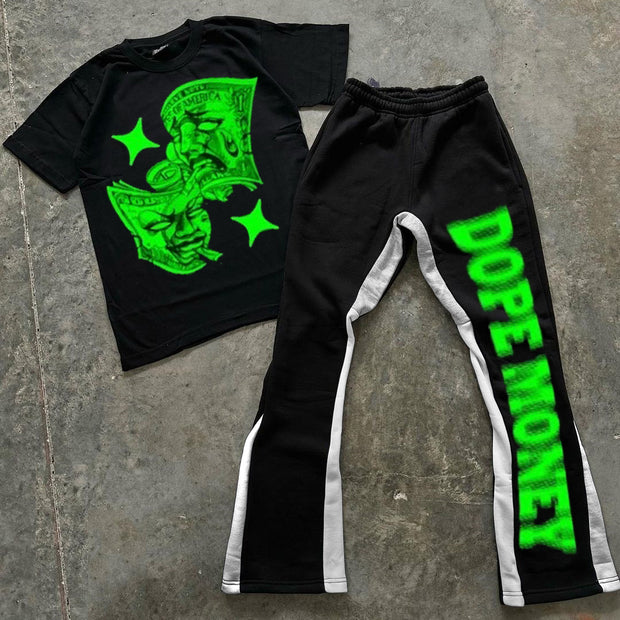 Dope Money Print T-Shirt Trousers Two-Piece Set